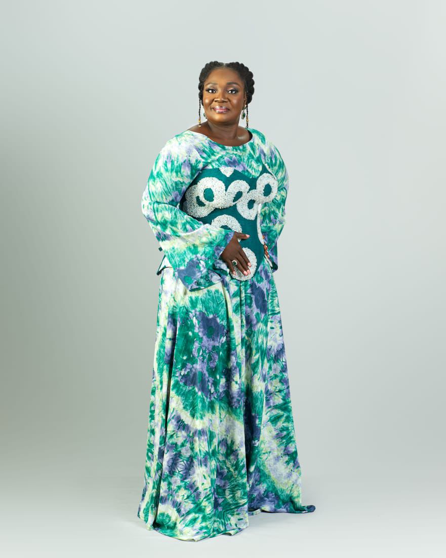 Adesewa – Green & White Adire Gown with Beaded Corset
