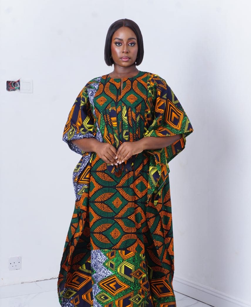 bubu gown styles for naming ceremony showing a woman wearing Layla Bubu gown made by ahdookeh fashion