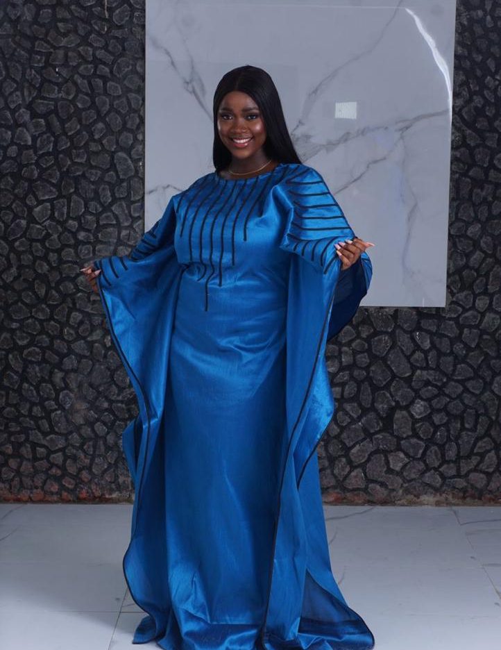 bubu gown styles showing a picture of a woman wearing zahara bubu gown made by ahdookeh fashion
